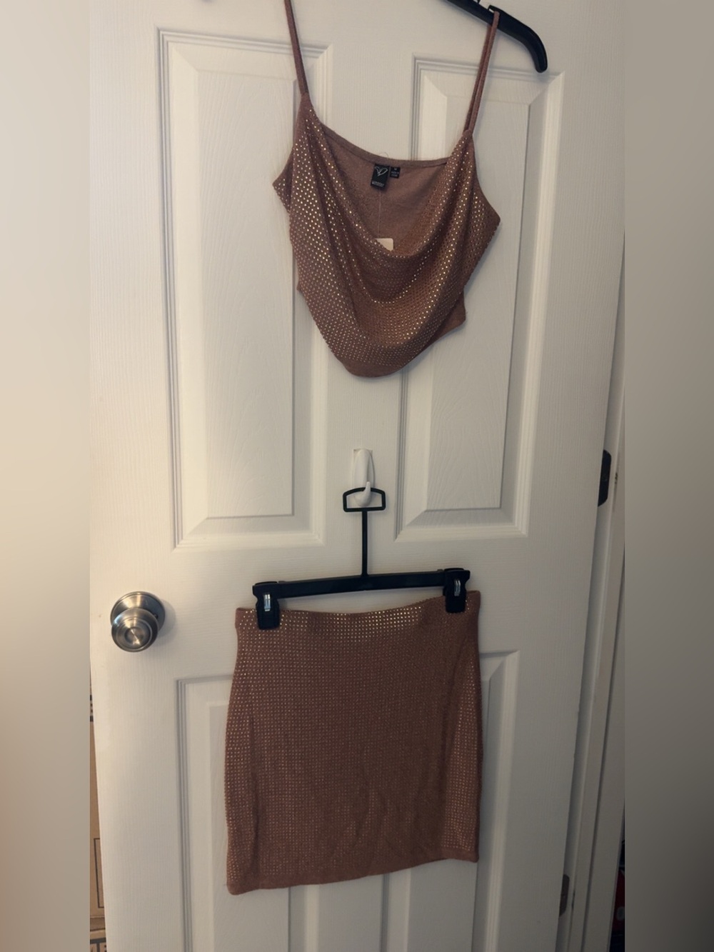 Windsor Rose Gold Rhinestone Cowl Neck Crop Top & Mini Skirt Set M